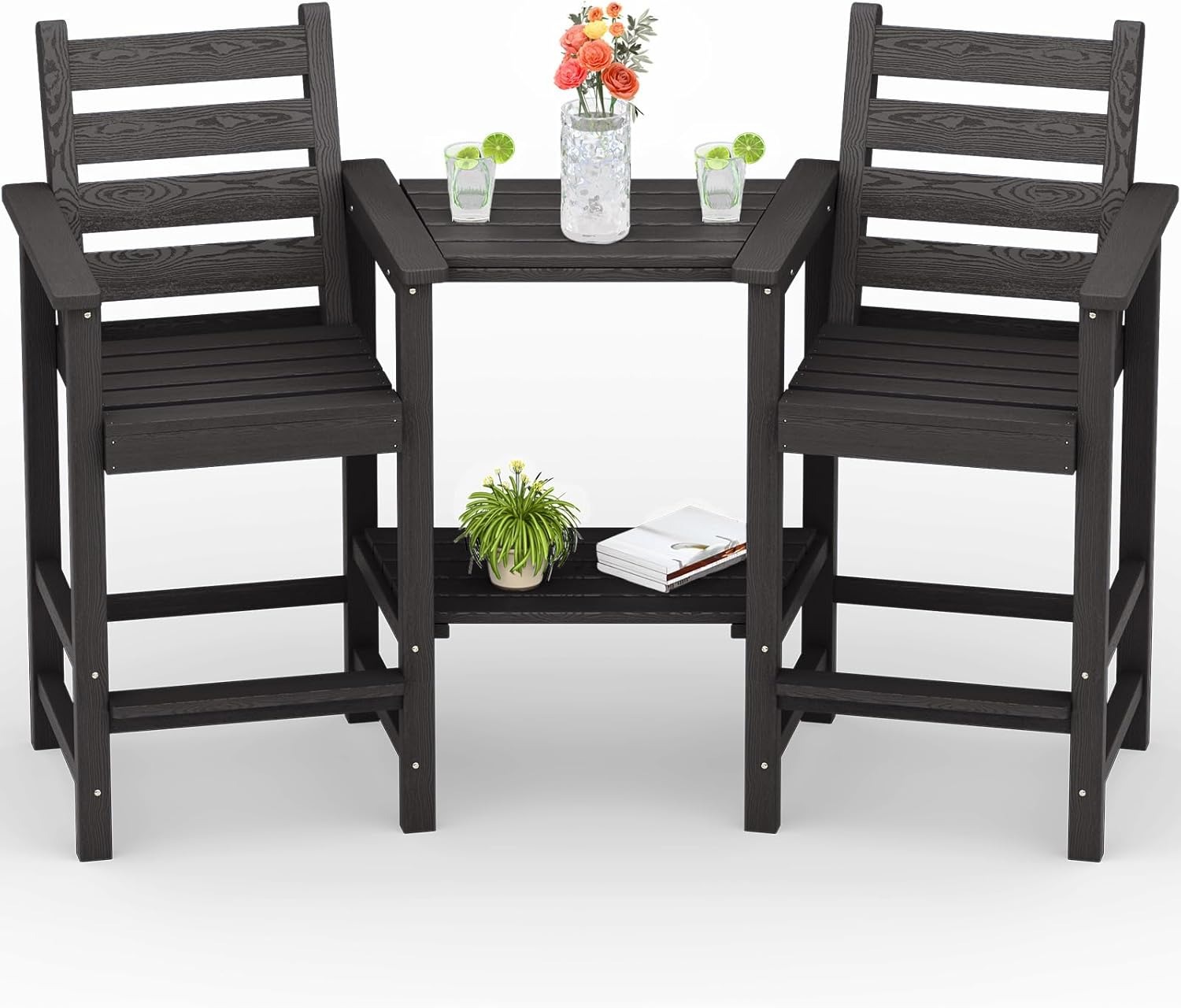 PLUUV Tall Adirondack Bar Chairs Set of 2, All-Weather HDPE - Removable Double Connecting Trays
