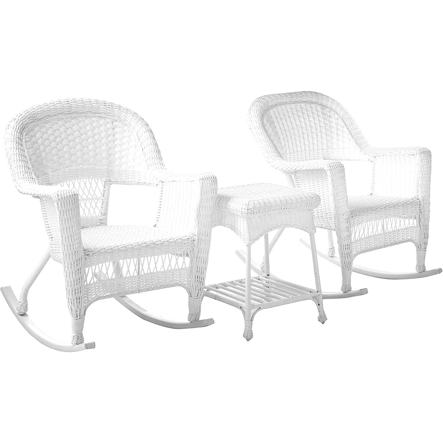 Jeco Resin Wicker Outdoor Patio Rocker Chair And End Table Set, 3-Piece, White