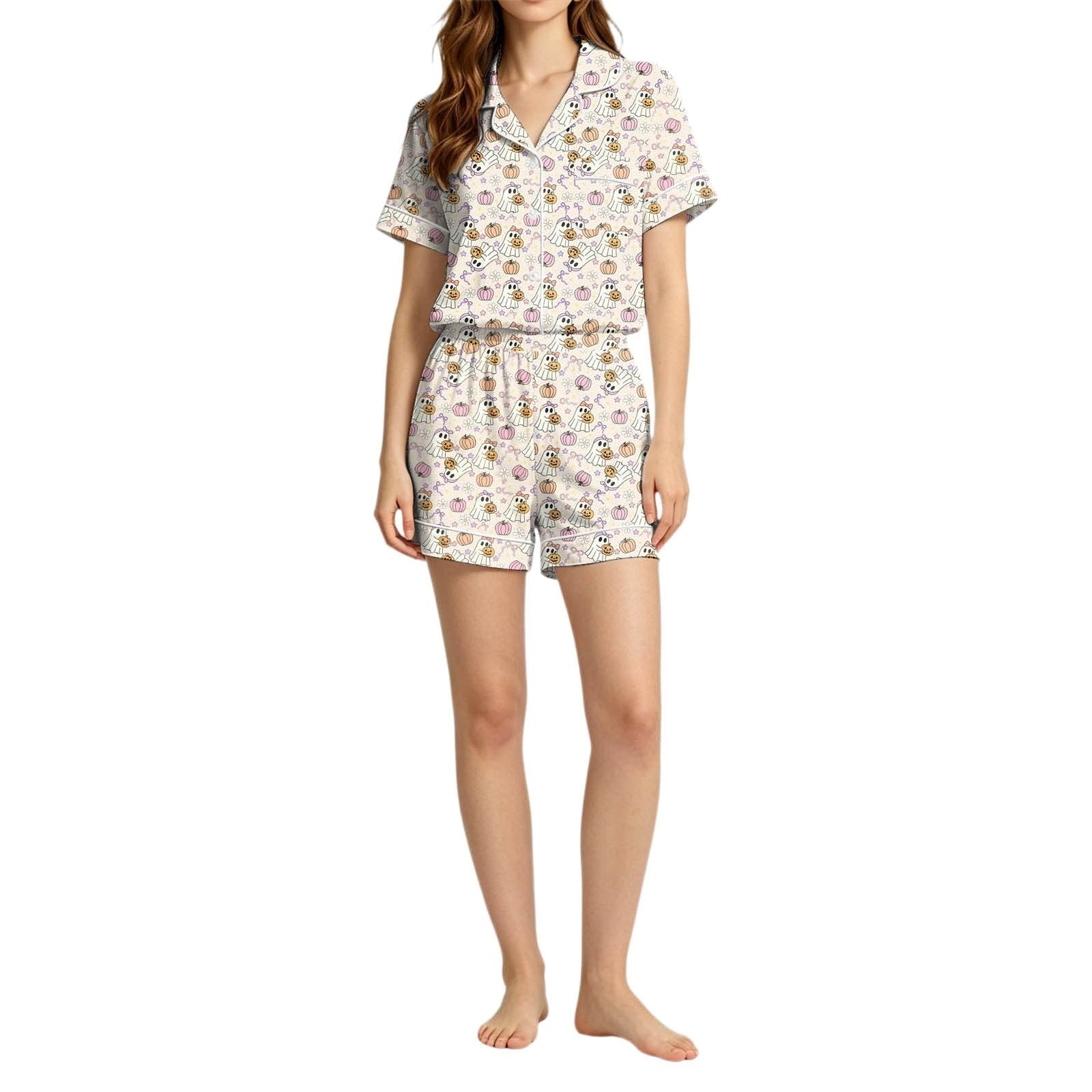 MEZZALL Women Halloween Printed Pajama With Lapel Collar Short Sleeve Tops And Shorts For Home Wear Cozy For Lightweight And Breathable Comfort Relaxed Fit 2 Piece Pjs