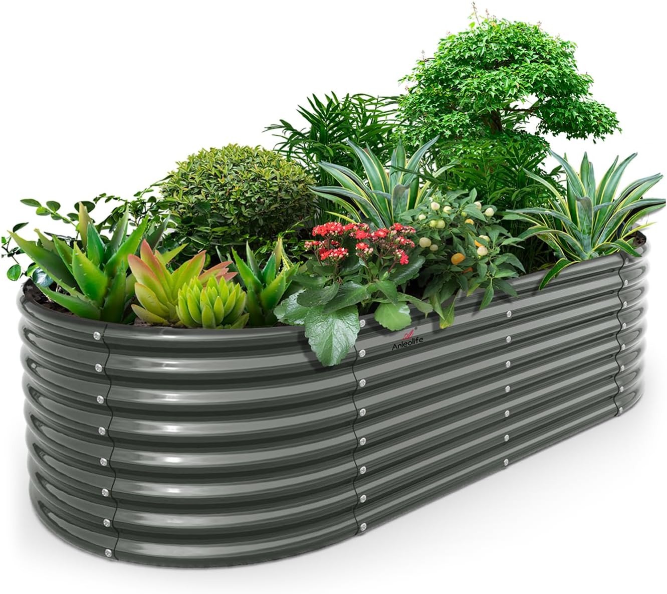 A ANLEOLIFE Galvanized Oval Raised Garden Bed Kit, 8x4x2ft, Quartz Grey