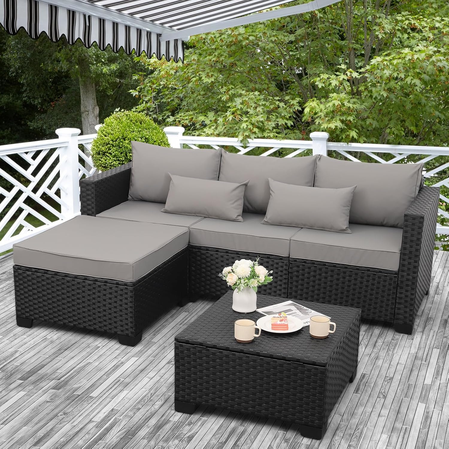 3-Piece Outdoor Sectional Wicker Patio Furniture Set With Ottoman And Storage Table - Light Grey