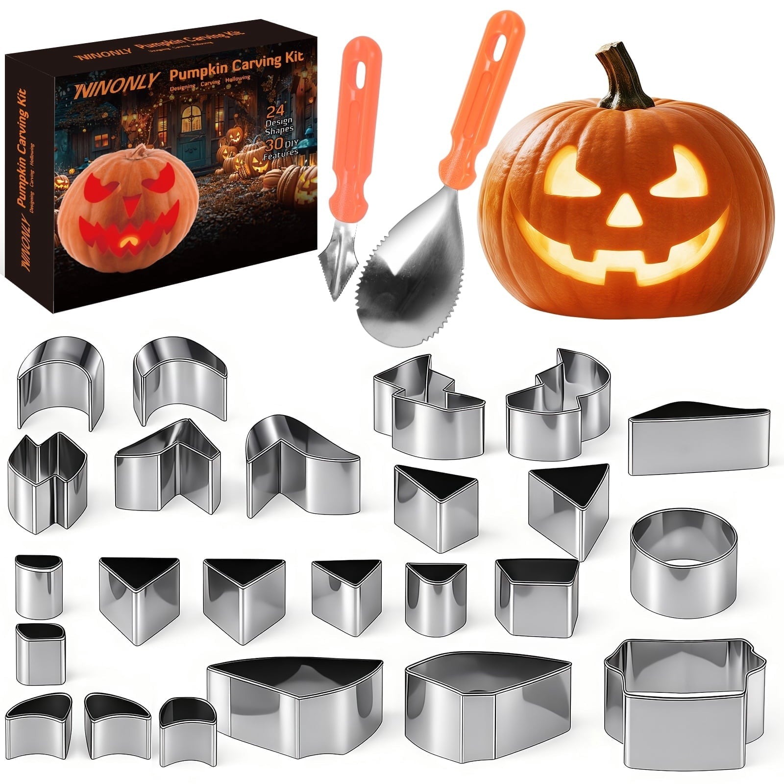 Ninonly 26Pcs Halloween Pumpkin Carving Kit, with 24 PCS Stainless Steel Pumpkin Carving Stencils&2 Carving Tools