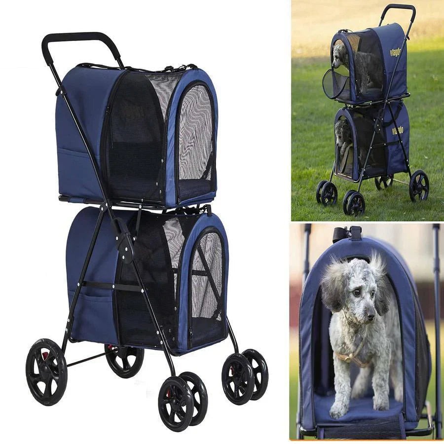 Double Pet Stroller For 2 Dogs & Cats, 42 inch, Navy Blue