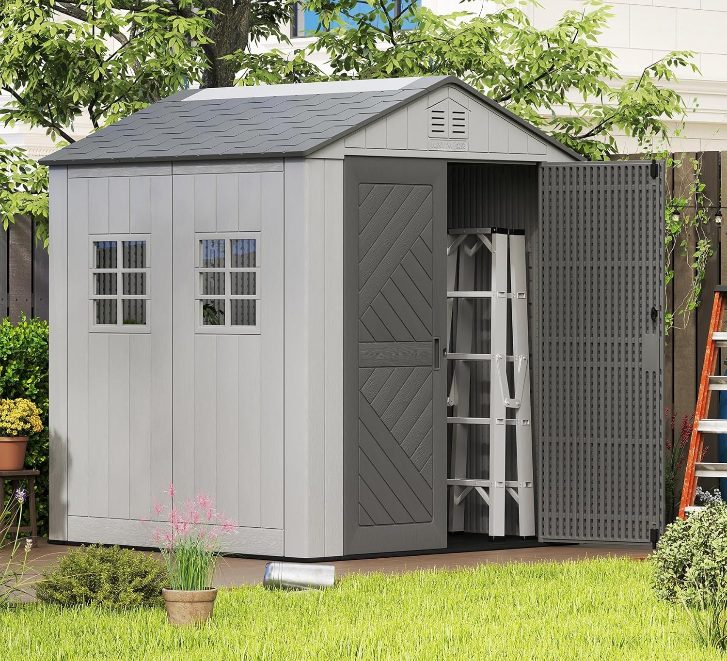 HOMSPARK Outdoor Resin Storage Shed 6x6 Ft With Floor And Windows - Grey