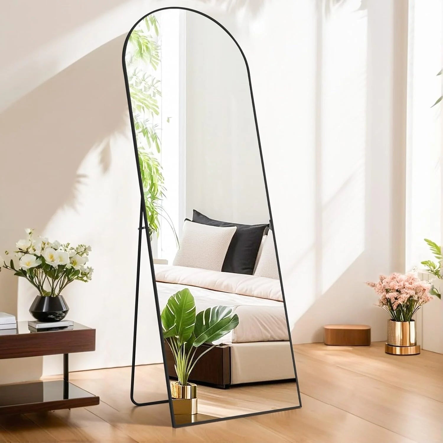 Full-Length Arched Floor Mirror, 64in H x 21in W, Aluminum Alloy Frame