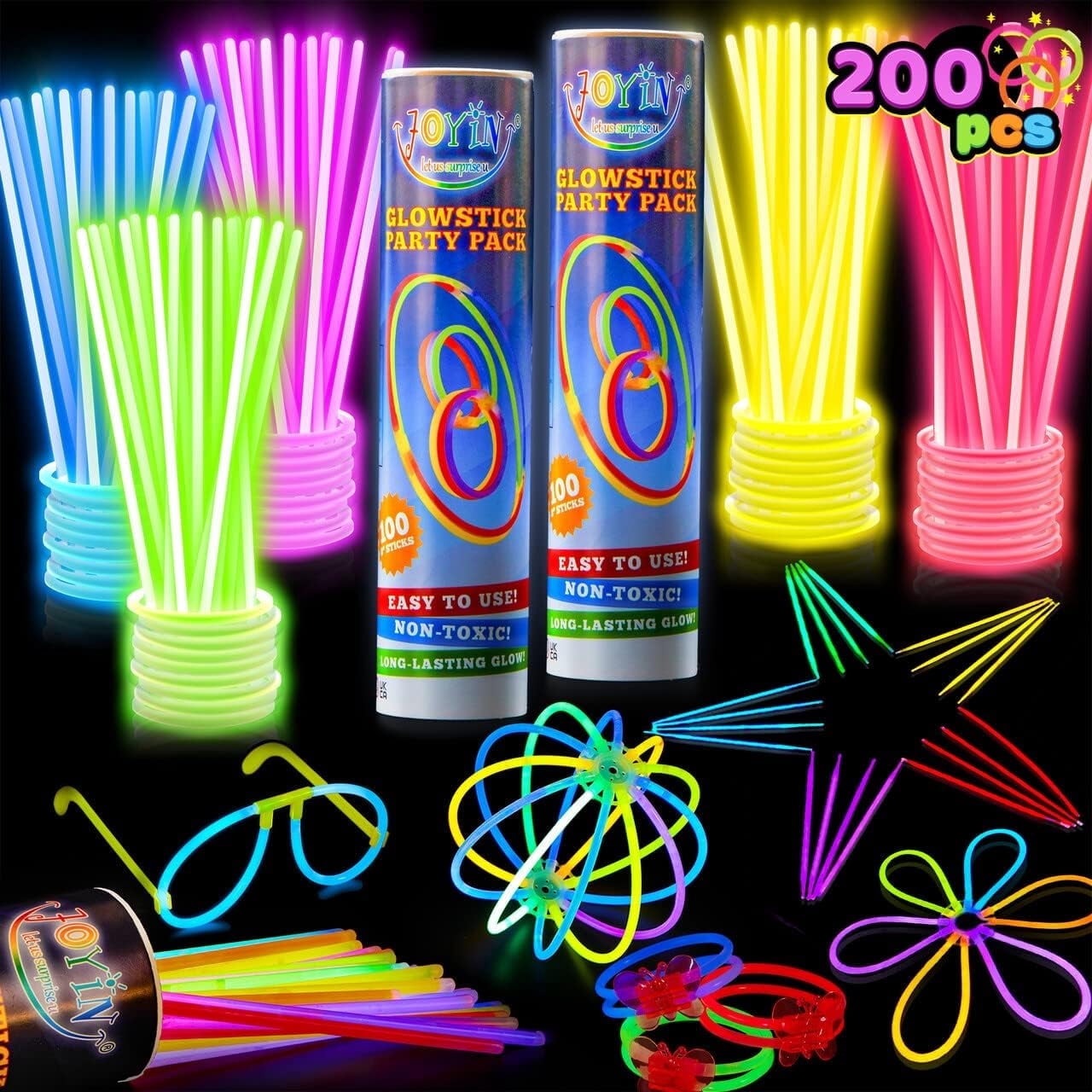 Joyfy 100 Pcs Glow Sticks Bulk, 8" Glow in The Dark Neon Party Supplies, Glow Bracelets and Necklaces Party Pack
