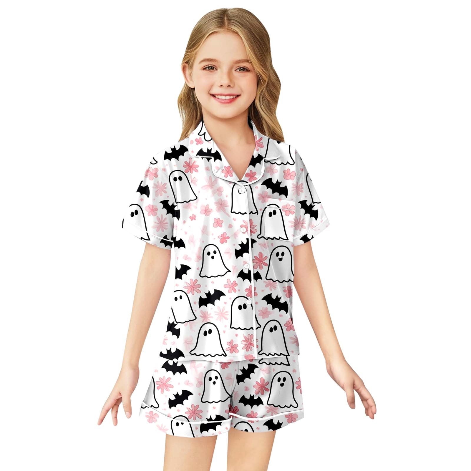 CUZIBR Girls Halloween Pajamas Sets Soft Comfortable Ghost Pumpkin Lapel Button Short Sleeve Shirt Elastic Waist Shorts 2 Pieces Sleep Loungewear Relaxed Sleepwear Outfits, Orange-C