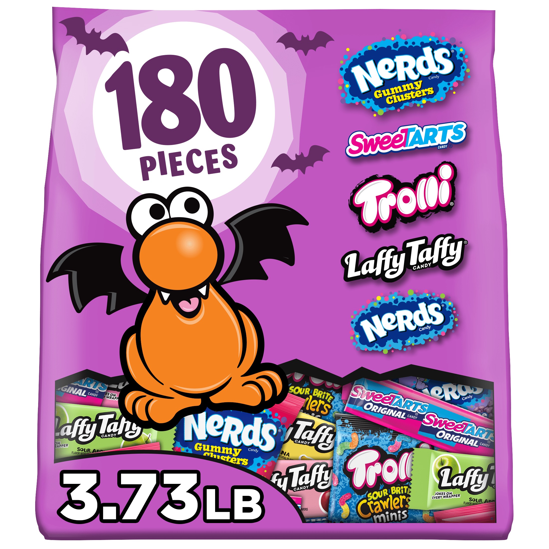 Nerds Core Winners Halloween Trick-or-Treat Variety Bag, NERDS Gummy Clusters, SweeTARTS, Trolli, Laffy Taffy, and NERDS Original, 180 Pieces, 59.76 Ounces