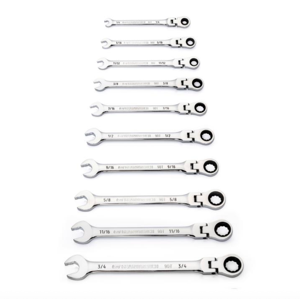 GearWrench 86758 - 10pc 90-Tooth 12 Point Flex Head Ratcheting Combination SAE Wrench Set