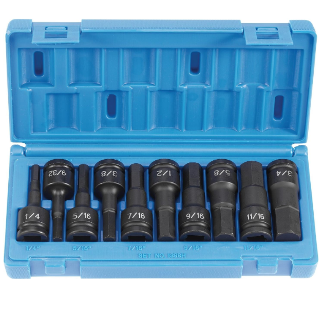 Grey Pneumatic 1398H 1/2" Drive 10-Piece Hex Driver Socket Set SAE