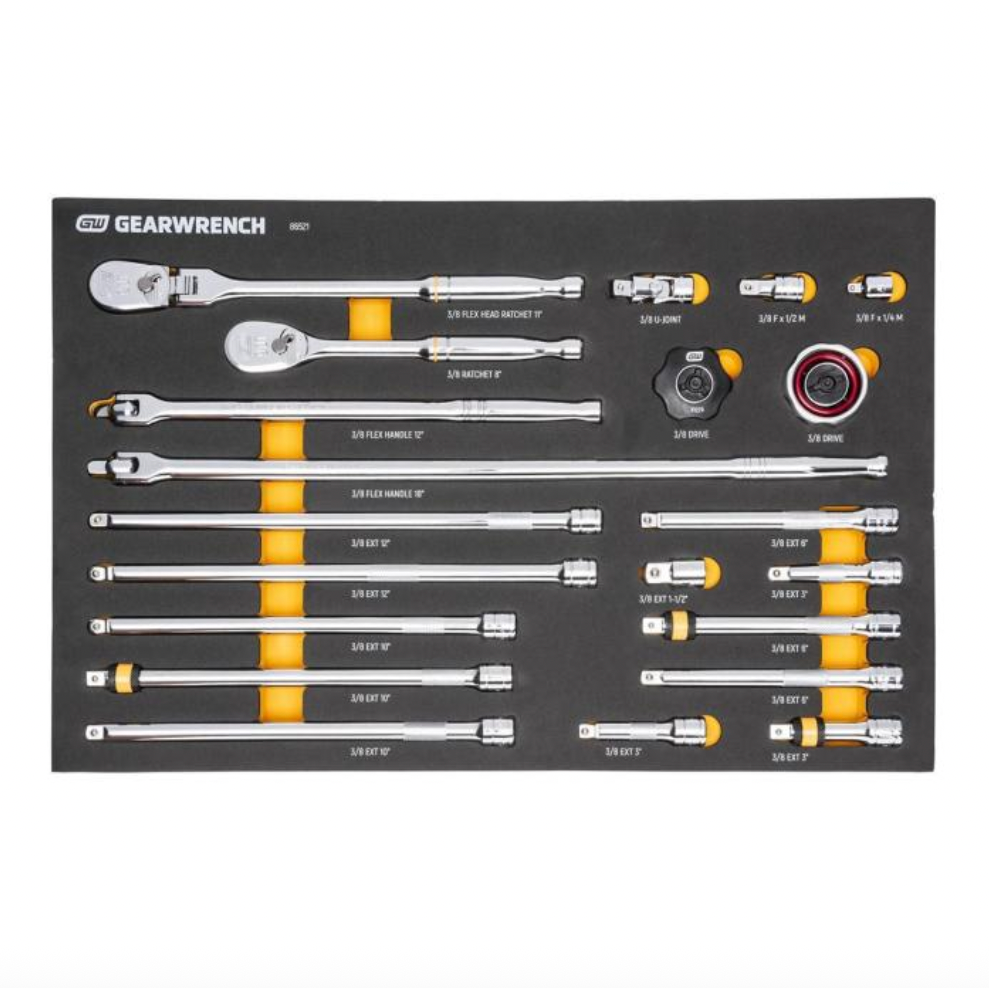 GearWrench 86521 - 21 Piece 3/8" 90-Tooth Ratchet & Drive Tool Set with Foam Storage Tray