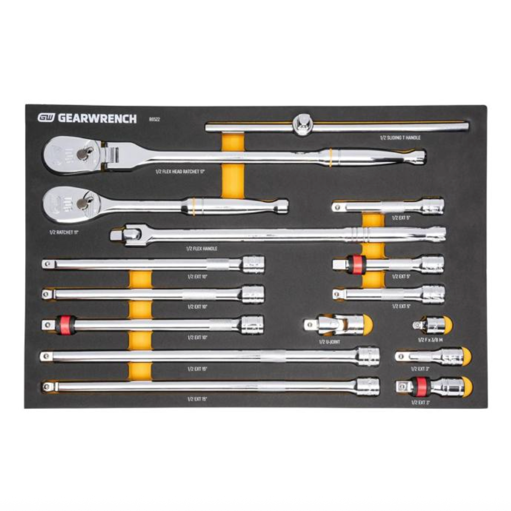 GearWrench 86522- 16 Piece 1/2" 90-Tooth Ratchet & Drive Tool Set with Foam Storage Tray