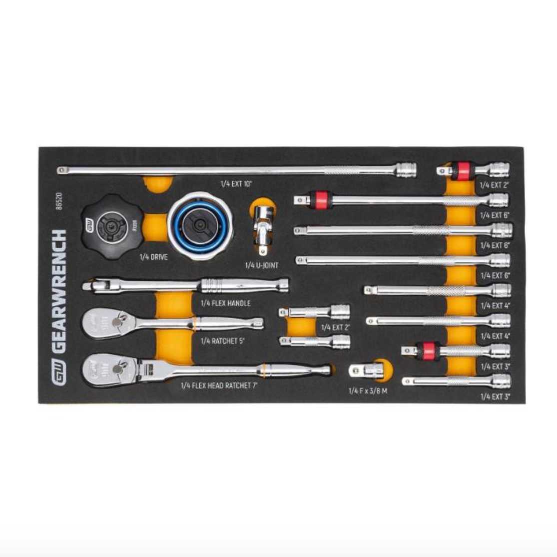 GearWrench 86520 - 18 Piece 1/4" 90-Tooth Ratchet & Drive Tool Set with Foam Storage Tray